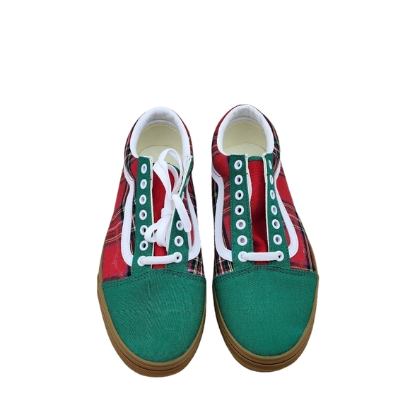 Vans Old Skool Unisex Canvas Green Sneakers Plaid Red Holidays - Picture 3 of 8
